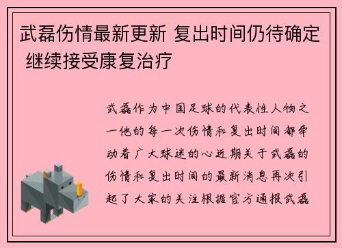武磊伤情最新更新 复出时间仍待确定 继续接受康复治疗